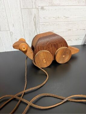Vintage Wooden Turtle Pull Toy - Handmade Folk Art, Signed "José"